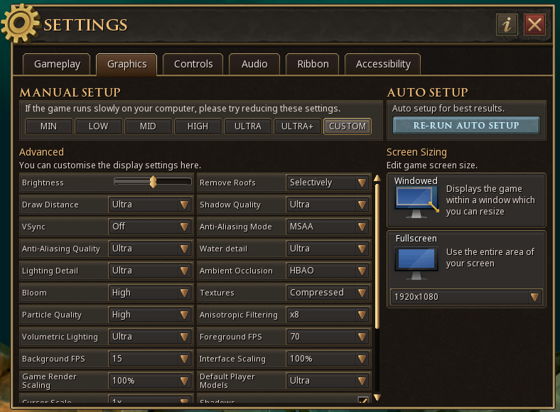 The settings interface