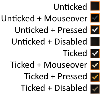 Image containing the following check states from top to bottom: default, mouseover, pressed, disabled, toggled, toggled mouseover, toggled pressed, toggled disabled