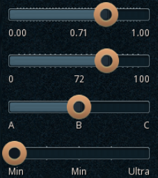 Multiple sliders, the first displaying a floating-point value range, the second an integer value range, and the last 2 containing actual entry names.